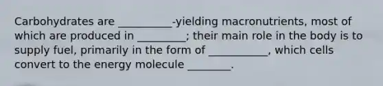 Carbohydrates are __________-yielding macronutrients, most of which are produced in _________; their main role in the body is to supply fuel, primarily in the form of ___________, which cells convert to the energy molecule ________.