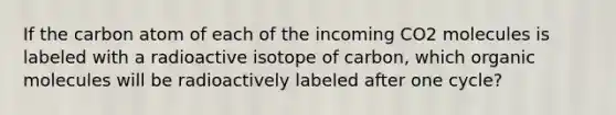 If the carbon atom of each of the incoming CO2 molecules is labeled with a radioactive isotope of carbon, which <a href='https://www.questionai.com/knowledge/kjUwUacPFG-organic-molecules' class='anchor-knowledge'>organic molecules</a> will be radioactively labeled after one cycle?