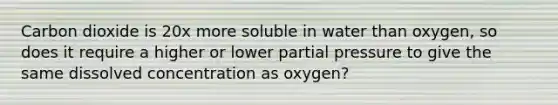 Carbon dioxide is 20x more soluble in water than oxygen, so does it require a higher or lower partial pressure to give the same dissolved concentration as oxygen?