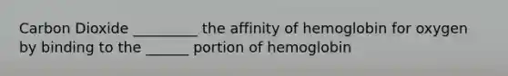 Carbon Dioxide _________ the affinity of hemoglobin for oxygen by binding to the ______ portion of hemoglobin