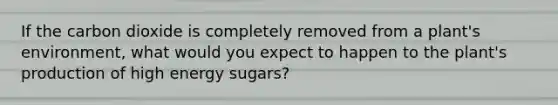 If the carbon dioxide is completely removed from a plant's environment, what would you expect to happen to the plant's production of high energy sugars?