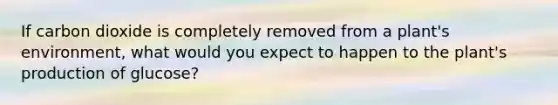If carbon dioxide is completely removed from a plant's environment, what would you expect to happen to the plant's production of glucose?