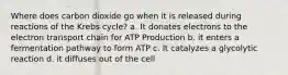 Where does carbon dioxide go when it is released during reactions of the Krebs cycle? a. It donates electrons to the electron transport chain for ATP Production b. it enters a fermentation pathway to form ATP c. It catalyzes a glycolytic reaction d. it diffuses out of the cell