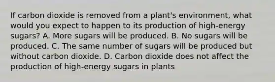 If carbon dioxide is removed from a plant's environment, what would you expect to happen to its production of high-energy sugars? A. More sugars will be produced. B. No sugars will be produced. C. The same number of sugars will be produced but without carbon dioxide. D. Carbon dioxide does not affect the production of high-energy sugars in plants