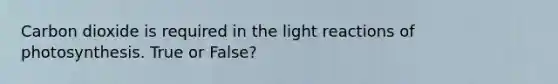 Carbon dioxide is required in the <a href='https://www.questionai.com/knowledge/kSUoWrrvoC-light-reactions' class='anchor-knowledge'>light reactions</a> of photosynthesis. True or False?