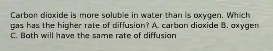 Carbon dioxide is more soluble in water than is oxygen. Which gas has the higher rate of diffusion? A. carbon dioxide B. oxygen C. Both will have the same rate of diffusion