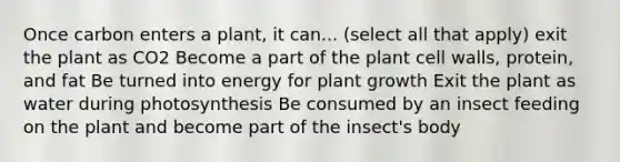 Once carbon enters a plant, it can... (select all that apply) exit the plant as CO2 Become a part of the plant cell walls, protein, and fat Be turned into energy for plant growth Exit the plant as water during photosynthesis Be consumed by an insect feeding on the plant and become part of the insect's body