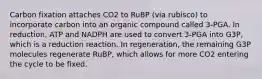 ﻿﻿Carbon fixation attaches CO2 to RuBP (via rubisco) to incorporate carbon into an organic compound called 3-PGA. In reduction, ATP and NADPH are used to convert 3-PGA into G3P, which is a reduction reaction. In regeneration, the remaining G3P molecules regenerate RuBP, which allows for more CO2 entering the cycle to be fixed.