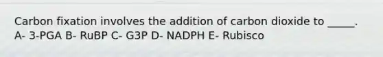 Carbon fixation involves the addition of carbon dioxide to _____. A- 3-PGA B- RuBP C- G3P D- NADPH E- Rubisco