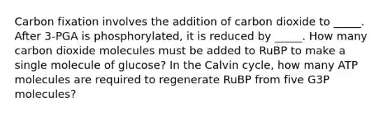 Carbon fixation involves the addition of carbon dioxide to _____. After 3-PGA is phosphorylated, it is reduced by _____. How many carbon dioxide molecules must be added to RuBP to make a single molecule of glucose? In the Calvin cycle, how many ATP molecules are required to regenerate RuBP from five G3P molecules?