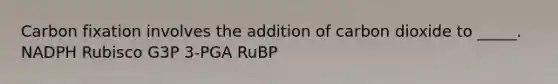 Carbon fixation involves the addition of carbon dioxide to _____. NADPH Rubisco G3P 3-PGA RuBP