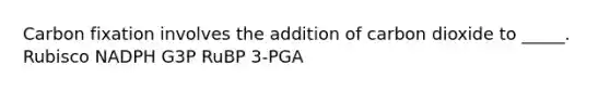 Carbon fixation involves the addition of carbon dioxide to _____. Rubisco NADPH G3P RuBP 3-PGA