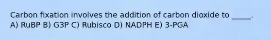 Carbon fixation involves the addition of carbon dioxide to _____. A) RuBP B) G3P C) Rubisco D) NADPH E) 3-PGA