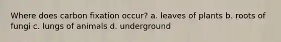 Where does carbon fixation occur? a. leaves of plants b. roots of fungi c. lungs of animals d. underground