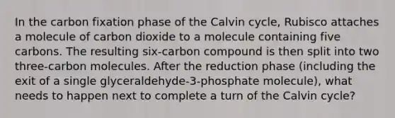 In the carbon fixation phase of the Calvin cycle, Rubisco attaches a molecule of carbon dioxide to a molecule containing five carbons. The resulting six-carbon compound is then split into two three-carbon molecules. After the reduction phase (including the exit of a single glyceraldehyde-3-phosphate molecule), what needs to happen next to complete a turn of the Calvin cycle?