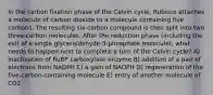 In the carbon fixation phase of the Calvin cycle, Rubisco attaches a molecule of carbon dioxide to a molecule containing five carbons. The resulting six-carbon compound is then split into two three-carbon molecules. After the reduction phase (including the exit of a single glyceraldehyde-3-phosphate molecule), what needs to happen next to complete a turn of the Calvin cycle? A) inactivation of RuBP carboxylase enzyme B) addition of a pair of electrons from NADPH C) a gain of NADPH D) regeneration of the five-carbon-containing molecule E) entry of another molecule of CO2