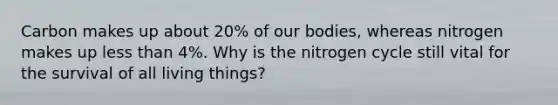 Carbon makes up about 20% of our bodies, whereas nitrogen makes up less than 4%. Why is the nitrogen cycle still vital for the survival of all living things?