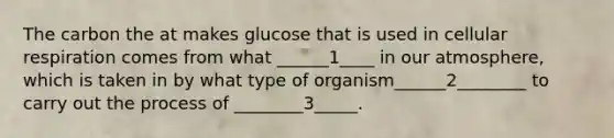 The carbon the at makes glucose that is used in cellular respiration comes from what ______1____ in our atmosphere, which is taken in by what type of organism______2________ to carry out the process of ________3_____.