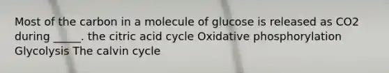 Most of the carbon in a molecule of glucose is released as CO2 during _____. the citric acid cycle Oxidative phosphorylation Glycolysis The calvin cycle