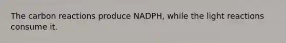 The carbon reactions produce NADPH, while the <a href='https://www.questionai.com/knowledge/kSUoWrrvoC-light-reactions' class='anchor-knowledge'>light reactions</a> consume it.