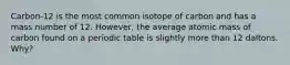 Carbon-12 is the most common isotope of carbon and has a mass number of 12. However, the average atomic mass of carbon found on a periodic table is slightly more than 12 daltons. Why?