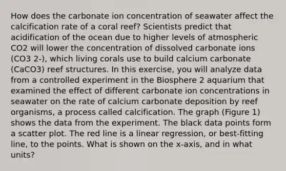 How does the carbonate ion concentration of seawater affect the calcification rate of a coral reef? Scientists predict that acidification of the ocean due to higher levels of atmospheric CO2 will lower the concentration of dissolved carbonate ions (CO3 2-), which living corals use to build calcium carbonate (CaCO3) reef structures. In this exercise, you will analyze data from a controlled experiment in the Biosphere 2 aquarium that examined the effect of different carbonate ion concentrations in seawater on the rate of calcium carbonate deposition by reef organisms, a process called calcification. The graph (Figure 1) shows the data from the experiment. The black data points form a <a href='https://www.questionai.com/knowledge/kHey83DSAQ-scatter-plot' class='anchor-knowledge'>scatter plot</a>. The red line is a linear regression, or best-fitting line, to the points. What is shown on the x-axis, and in what units?