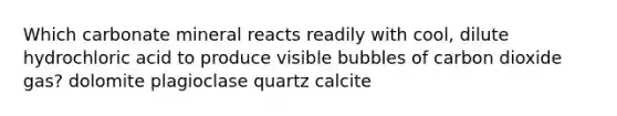 Which carbonate mineral reacts readily with cool, dilute hydrochloric acid to produce visible bubbles of carbon dioxide gas? dolomite plagioclase quartz calcite