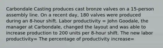 Carbondale Casting produces cast bronze valves on a 15​-person assembly line. On a recent​ day, 180 valves were produced during an 8​-hour shift. Labor productivity = John​ Goodale, the manager at​ Carbondale, changed the layout and was able to increase production to 200 units per 8​-hour shift. The new labor productivity= The percentage of productivity increase=