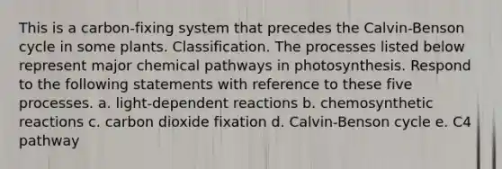 This is a carbon-fixing system that precedes the Calvin-Benson cycle in some plants. Classification. The processes listed below represent major chemical pathways in photosynthesis. Respond to the following statements with reference to these five processes. a. light-dependent reactions b. chemosynthetic reactions c. carbon dioxide fixation d. Calvin-Benson cycle e. C4 pathway