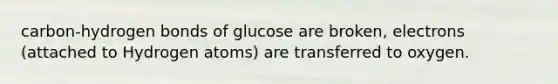 carbon-hydrogen bonds of glucose are broken, electrons (attached to Hydrogen atoms) are transferred to oxygen.