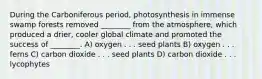 During the Carboniferous period, photosynthesis in immense swamp forests removed ________ from the atmosphere, which produced a drier, cooler global climate and promoted the success of ________. A) oxygen . . . seed plants B) oxygen . . . ferns C) carbon dioxide . . . seed plants D) carbon dioxide . . . lycophytes