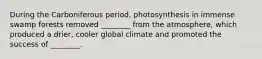 During the Carboniferous period, photosynthesis in immense swamp forests removed ________ from the atmosphere, which produced a drier, cooler global climate and promoted the success of ________.