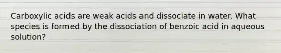 Carboxylic acids are weak acids and dissociate in water. What species is formed by the dissociation of benzoic acid in aqueous solution?