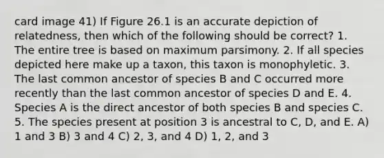 card image 41) If Figure 26.1 is an accurate depiction of relatedness, then which of the following should be correct? 1. The entire tree is based on maximum parsimony. 2. If all species depicted here make up a taxon, this taxon is monophyletic. 3. The last common ancestor of species B and C occurred more recently than the last common ancestor of species D and E. 4. Species A is the direct ancestor of both species B and species C. 5. The species present at position 3 is ancestral to C, D, and E. A) 1 and 3 B) 3 and 4 C) 2, 3, and 4 D) 1, 2, and 3