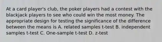 At a card player's club, the poker players had a contest with the blackjack players to see who could win the most money. The appropriate design for testing the significance of the difference between the means is A. related samples t-test B. independent samples t-test C. One-sample t-test D. z-test