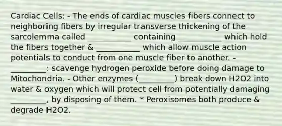 Cardiac Cells: - The ends of cardiac muscles fibers connect to neighboring fibers by irregular transverse thickening of the sarcolemma called ___________ containing ___________ which hold the fibers together & ___________ which allow muscle action potentials to conduct from one muscle fiber to another. - _________: scavenge hydrogen peroxide before doing damage to Mitochondria. - Other enzymes (_________) break down H2O2 into water & oxygen which will protect cell from potentially damaging _________, by disposing of them. * Peroxisomes both produce & degrade H2O2.