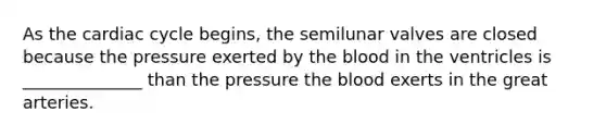 As the cardiac cycle begins, the semilunar valves are closed because the pressure exerted by the blood in the ventricles is ______________ than the pressure the blood exerts in the great arteries.