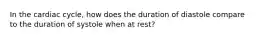 In the cardiac cycle, how does the duration of diastole compare to the duration of systole when at rest?