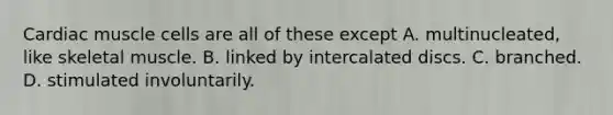 Cardiac muscle cells are all of these except A. multinucleated, like skeletal muscle. B. linked by intercalated discs. C. branched. D. stimulated involuntarily.