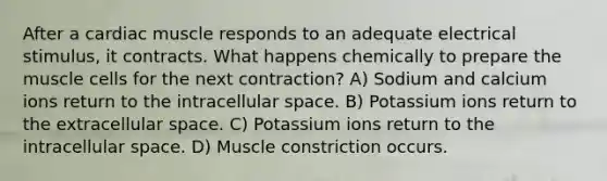 After a cardiac muscle responds to an adequate electrical stimulus, it contracts. What happens chemically to prepare the muscle cells for the next contraction? A) Sodium and calcium ions return to the intracellular space. B) Potassium ions return to the extracellular space. C) Potassium ions return to the intracellular space. D) Muscle constriction occurs.