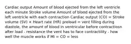 Cardiac output Amount of blood ejected from the left ventricle each minute Stroke volume Amount of blood ejected from the left ventricle with each contraction Cardiac output (CO) = Stroke volume (SV) × Heart rate (HR) preload = vent filling during diastole, the amount of blood in ventricular before contractiosn after load - resistance the vent has to face contractility - how well the muscle works if MI = CO = less