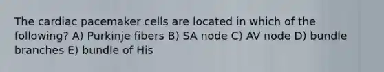 The cardiac pacemaker cells are located in which of the following? A) Purkinje fibers B) SA node C) AV node D) bundle branches E) bundle of His