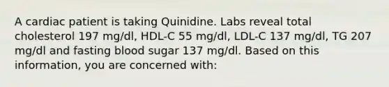 A cardiac patient is taking Quinidine. Labs reveal total cholesterol 197 mg/dl, HDL-C 55 mg/dl, LDL-C 137 mg/dl, TG 207 mg/dl and fasting blood sugar 137 mg/dl. Based on this information, you are concerned with: