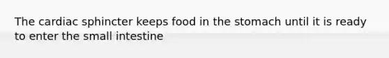 The cardiac sphincter keeps food in <a href='https://www.questionai.com/knowledge/kLccSGjkt8-the-stomach' class='anchor-knowledge'>the stomach</a> until it is ready to enter <a href='https://www.questionai.com/knowledge/kt623fh5xn-the-small-intestine' class='anchor-knowledge'>the small intestine</a>