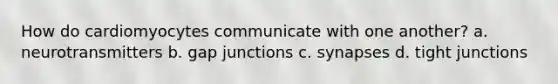 How do cardiomyocytes communicate with one another? a. neurotransmitters b. gap junctions c. synapses d. tight junctions