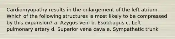 Cardiomyopathy results in the enlargement of the left atrium. Which of the following structures is most likely to be compressed by this expansion? a. Azygos vein b. Esophagus c. Left pulmonary artery d. Superior vena cava e. Sympathetic trunk