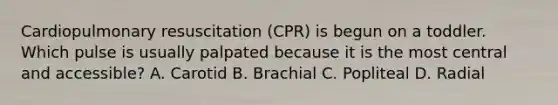 Cardiopulmonary resuscitation (CPR) is begun on a toddler. Which pulse is usually palpated because it is the most central and accessible? A. Carotid B. Brachial C. Popliteal D. Radial