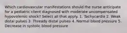 Which cardiovascular manifestations should the nurse anticipate for a pediatric client diagnosed with moderate uncompensated hypovolemic shock? Select all that apply. 1. Tachycardia 2. Weak distal pulses 3. Thready distal pulses 4. Normal blood pressure 5. Decrease in systolic blood pressure