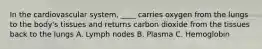 In the cardiovascular system, ____ carries oxygen from the lungs to the body's tissues and returns carbon dioxide from the tissues back to the lungs A. Lymph nodes B. Plasma C. Hemoglobin