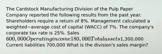 The Cardstock Manufacturing Division of the Pulp Paper Company reported the following results from the past year. Shareholders require a return of 8​%. Management calculated a weighted−average cost of capital​ (WACC) of 7​%. The​ company's corporate tax rate is 25​%. Sales 600,000 Operating income 180,000 Total assets1,300,000 Current liabilities 700,000 What is the​ division's sales​ margin?